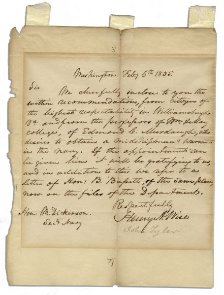John Tyler Document Signed as Senator of Virginia -- Recommending Virginia Citizens to the Navy