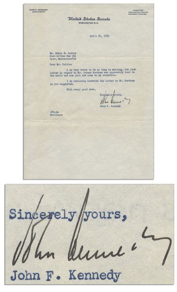 John F. Kennedy Typed Letter Signed From 1954 in Fantastic Condition -- ''...your letter in regard to Mr. Joseph Markham was apparently lost...'' -- With PSA/DNA COA