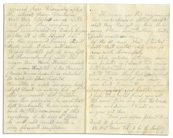 Civil War Letter Lot by John H. Hone of the 2nd Massachusetts Sharpshooters -- With Manassas Content -- …after the retreat from Manassas…men…have no knapsacks or clothes…