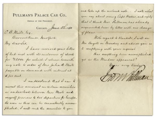 Railroad Tycoon George Pullman Letter Signed -- ''...check for $25,000...payable on demand with interest at 5 per cent...''
