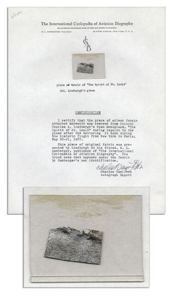 Fragment of Fabric From Charles Lindbergh's Plane, The Spirit of St. Louis -- With a COA from Charles Hamilton