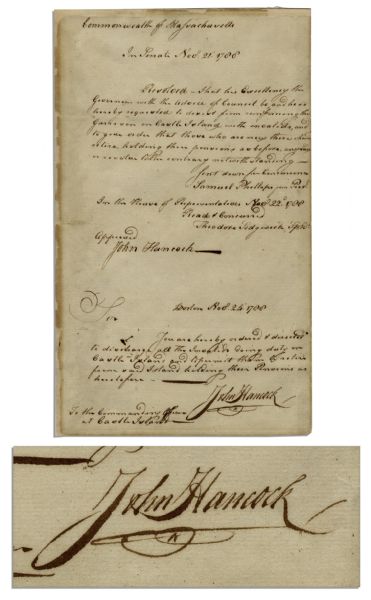 John Hancock Document Signed -- Regarding Castle Island, Signed by Hancock as Governor of Massachusetts