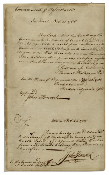 John Hancock Document Signed -- Regarding Castle Island, Signed by Hancock as Governor of Massachusetts
