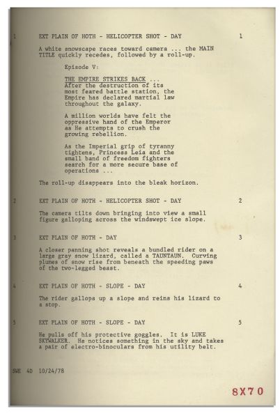 Shooting Script for Star Wars Episode V: The Empire Strikes Back From 1978 -- With the Red Coding Number on Every Page -- The Second Film Released in the Epic Series