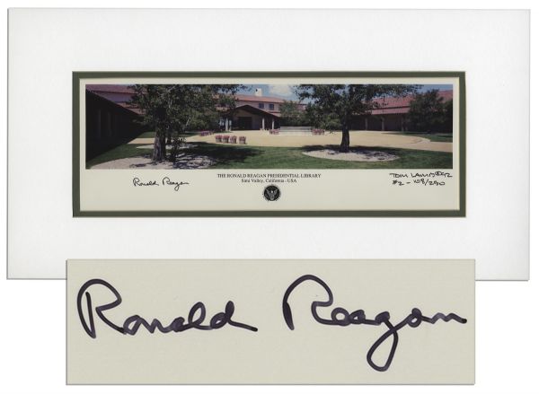 Ronald Reagan Signed Photograph of the Ronald Reagan Presidential Library in Simi Valley, California -- Double-Matted to 20'' x 10.75''