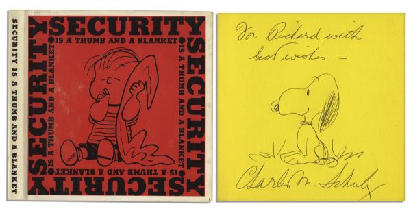Charles Schulz Hand-Drawn Sketch of Snoopy -- Drawn Within His Signed ''Peanuts'' Book, ''Security is a Thumb and a Blanket'' -- Fine