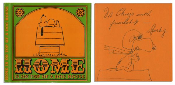 Charles Schulz Hand-Drawn Sketch of Snoopy as WWI Flying Ace -- Within His Signed ''Peanuts'' Book, ''Home is on Top of a Dog House''