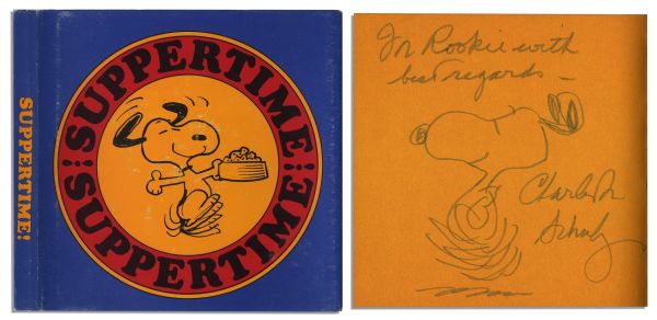 Charles Schulz Hand-Drawn Sketch of Snoopy Within His Signed ''Peanuts'' Foodie Theme Book, ''Suppertime!''