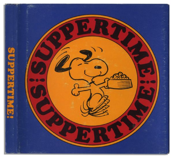 Charles Schulz Hand-Drawn Sketch of Snoopy Within His Signed ''Peanuts'' Foodie Theme Book, ''Suppertime!''