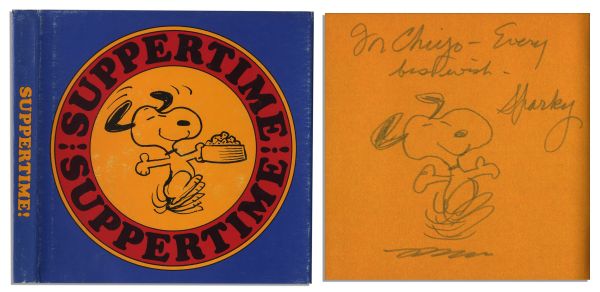 Charles Schulz Hand-Drawn Sketch of Snoopy, Within His Signed ''Peanuts'' Foodie Theme Book -- ''Suppertime''