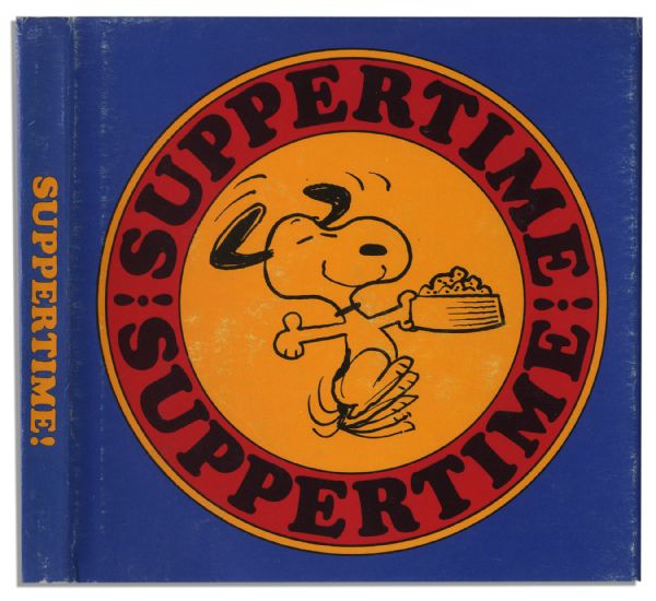 Charles Schulz Hand-Drawn Sketch of Snoopy, Within His Signed ''Peanuts'' Foodie Theme Book -- ''Suppertime''