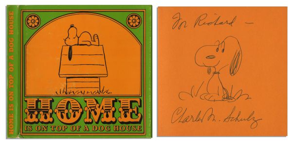 Charles Schulz Hand-Drawn Sketch of Snoopy, Within His Signed ''Peanuts'' Book, ''Home is on Top of a Dog House''