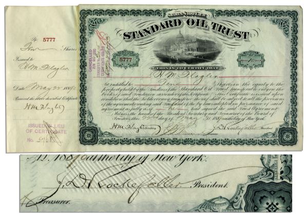 John D. Rockefeller Standard Oil Trust Stock Certificate Signed as President of the Company -- 1889