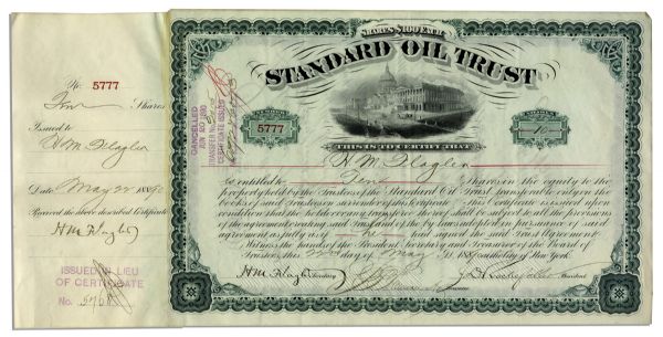 John D. Rockefeller Standard Oil Trust Stock Certificate Signed as President of the Company -- 1889