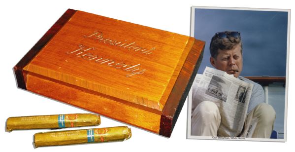 Tiffany White House John F Kennedy Cigarette Box Beautiful John F. Kennedy Personally Owned Humidor -- Gifted by Philippine Ambassador & Accompanied by 2 Unopened Philippine Cigars -- All Items Custom Labeled, ''President Kennedy''
