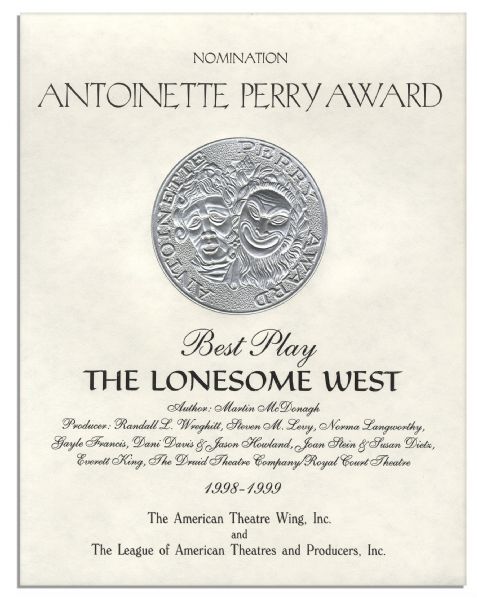 Tony Nomination Certificate for Best Play of 1998-1999, ''The Lonesome West'' -- Fine