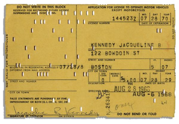 Driver License Application Signed & Filled Out by Jackie Kennedy in 1968
