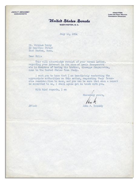 John F. Kennedy Typed Letter Signed From 1954 -- ''...in the case of Louis Scorperotti who is desirous of having his brother, Giuseppe Scaparrotta come to the United States from Italy...''