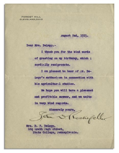 John D. Rockefeller Typed Letter Signed -- ''...have a pleasant and profitable summer...''