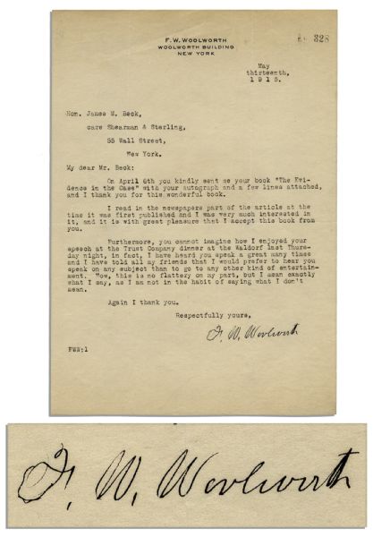 Five-and-Dime Entrepreneur Frank W. Woolworth Typed Letter Signed to Politician James Beck -- ''...Now, this is no flattery on my part, but I mean exactly what I say...''