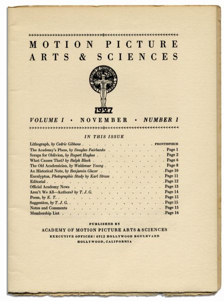 Scarce Motion Picture Arts & Sciences Academy Magazine Volume 1, No. 1 -- Established in 1927 With Only This Sole Issue Published