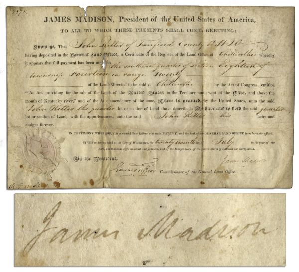 James Madison Land Grant Signed as President in 1814