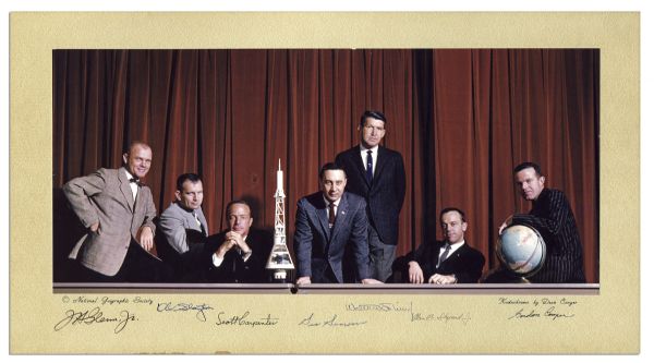 Excellent 18'' x 8.25'' Mercury 7 Signed Photo Display -- Signed By All 7 of the Astronauts -- For a National Geographic Story in 1960