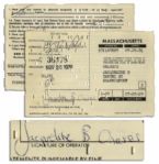 Driver License Application Signed & Filled Out by Jackie Kennedy Onassis When She Remarried & Took Onassis Name in 1970