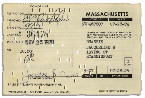 Driver License Application Signed & Filled Out by Jackie Kennedy Onassis When She Remarried & Took Onassis' Name in 1970
