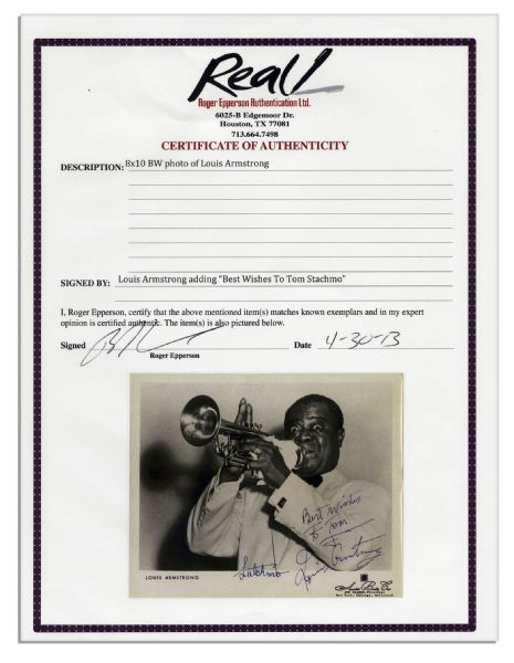 Louis Armstrong Signed 10'' x 8'' Photo Issued by His Booking Agent -- Signed ''Satchmo'' And ''Louis Armstrong''