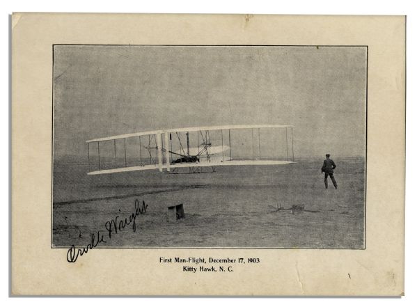 Orville Wright Signed Postcard of the Famous Flight at Kitty Hawk