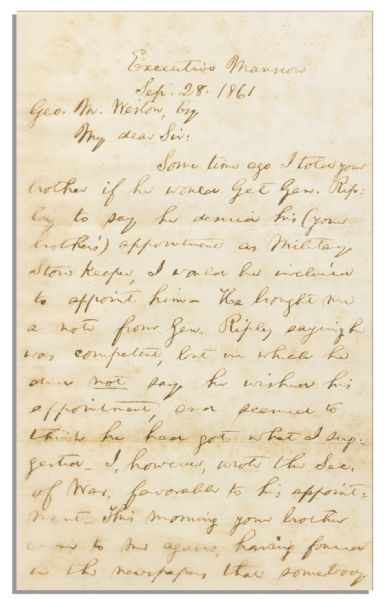 Abraham Lincoln Autograph Letter Signed as President -- Lincoln Soothes Ruffled Feathers: …This morning your brother came to me again…and insisted that there is still another place…