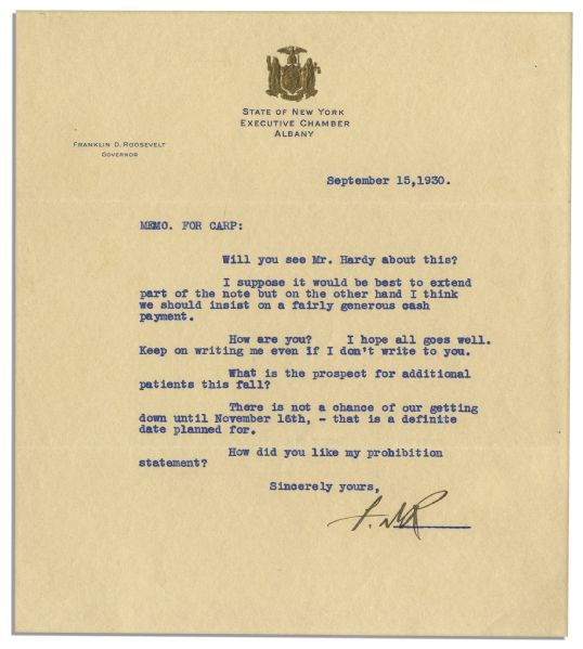 Franklin D. Roosevelt 1930 Typed Letter Signed as Governor of New York -- Mentioning Prohibition