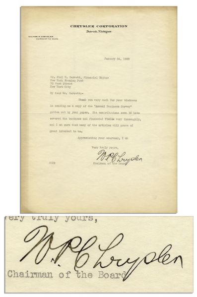 Walter Chrysler 1928 Typed Letter Signed