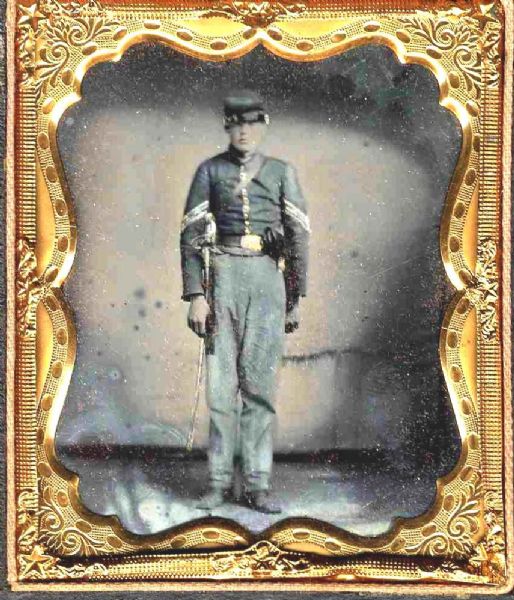 Attractive Civil War Tintype of a Union Sergeant -- Armed With Sword & Revolver -- Blue Tinting to Uniform