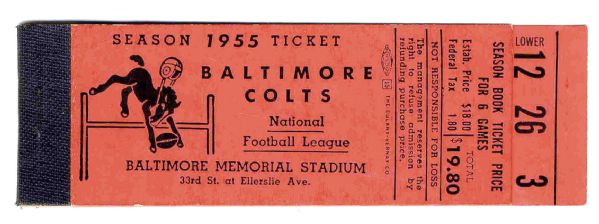 1955 Baltimore Colts Season Ticket Booklet -- All Tickets For Lower Section Seats Removed But Cover Displays Nicely -- 5.5'' x 1.75'' -- Very Good Condition
