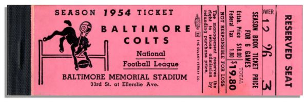 1954 Baltimore Colts Season Ticket Book -- All Tickets For Lower Section Reserved Seats Removed, But Cover Displays Nicely -- 5.5'' x 1.75'' -- Near Fine Condition