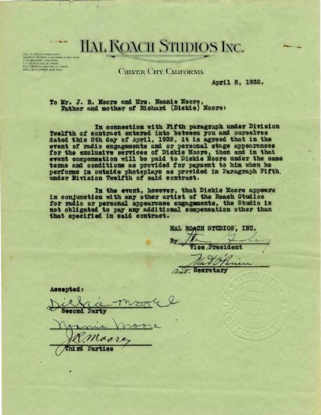Richard ''Dickie'' Moore 1932 Contract Signed for ''Our Gang'' Films -- Hal Roach Studios