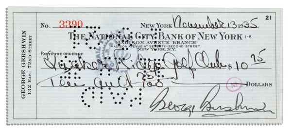 George Gershwin Signed Check From 1935 -- Year He Wrote ''Porgy And Bess''