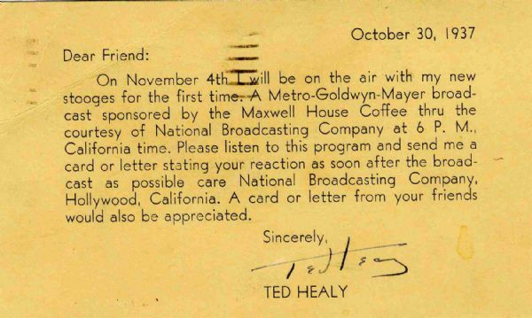 Ted Healy Signed Postcard -- 1937 -- ''...I will be on the air with my new Stooges for the first time...''