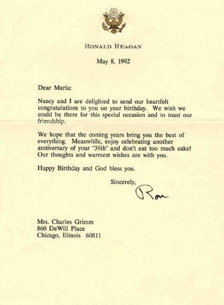 Ronald Reagan Typed Letter Signed -- ''Happy Birthday and God Bless You'' -- to Widow of Chicago Cubs' Charlie Grimm