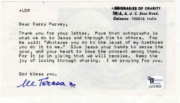 Mother Teresa Typed Letter Signed -- ''...what we do to Jesus and through Him to others...''