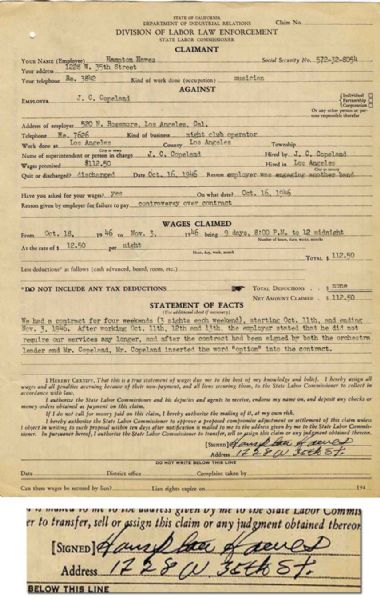 Jazz Musician Hampton Hawes Files a Claim for Wages Not Paid in 1946 -- Signed ''Hampton Hawes''