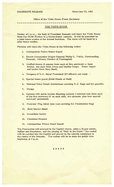 Original Instructions for JFK's Funeral -- ''...the body of President Kennedy will leave the White House...in a horse-drawn caisson...''