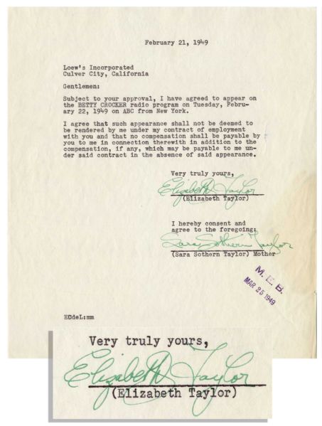 Scarce Elizabeth Taylor 1949 Contract Signed as a 17-Year Old -- Regarding a Betty Crocker Radio Program Appearance