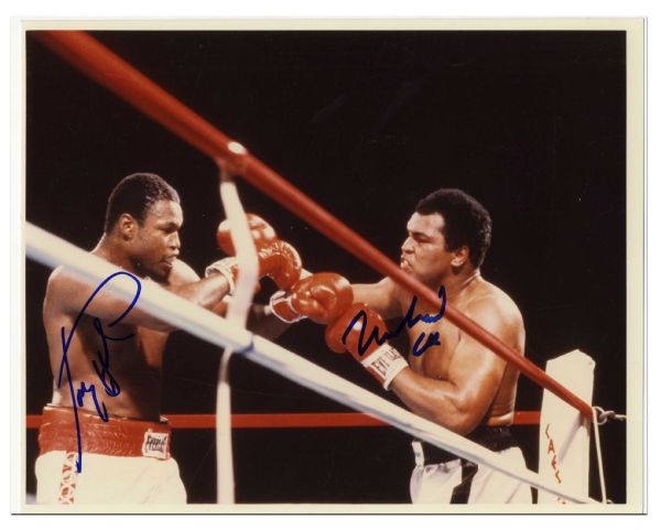 Fantastic Muhammad Ali Signed 10'' x 8'' Photo -- Also Signed by Larry Holmes From Ali's Penultimate Fight