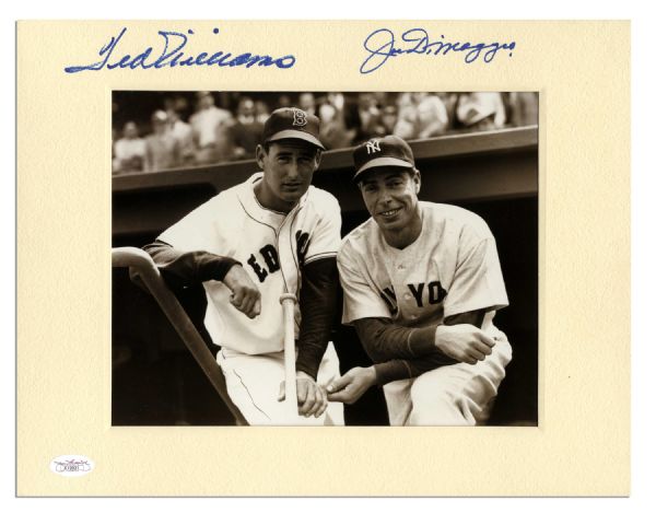Outstanding 10'' x 8'' Joe DiMaggio and Ted Williams Signed Photo Display -- Large, Bold Signatures -- With JSA COA