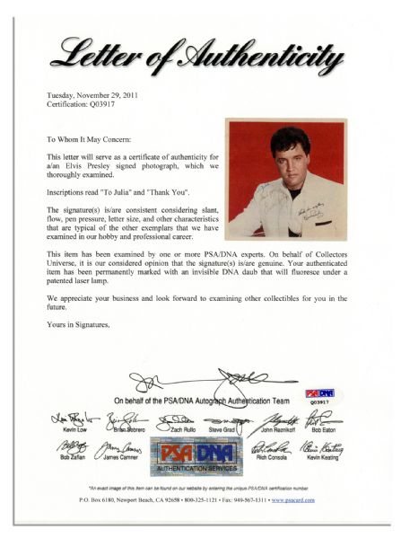 Fantastic Signed 12'' x 12'' Photo of the King, Elvis Presley -- With PSA/DNA COA