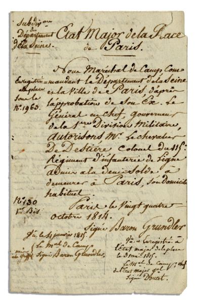 Napoleonic Era Document Signed by Baron Louis Sebastian Grundler in 1814 -- Military Governor of Paris Under Newly Restored Louis XVIII