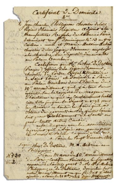 Napoleonic Era Document Signed by Baron Louis Sebastian Grundler in 1814 -- Military Governor of Paris Under Newly Restored Louis XVIII